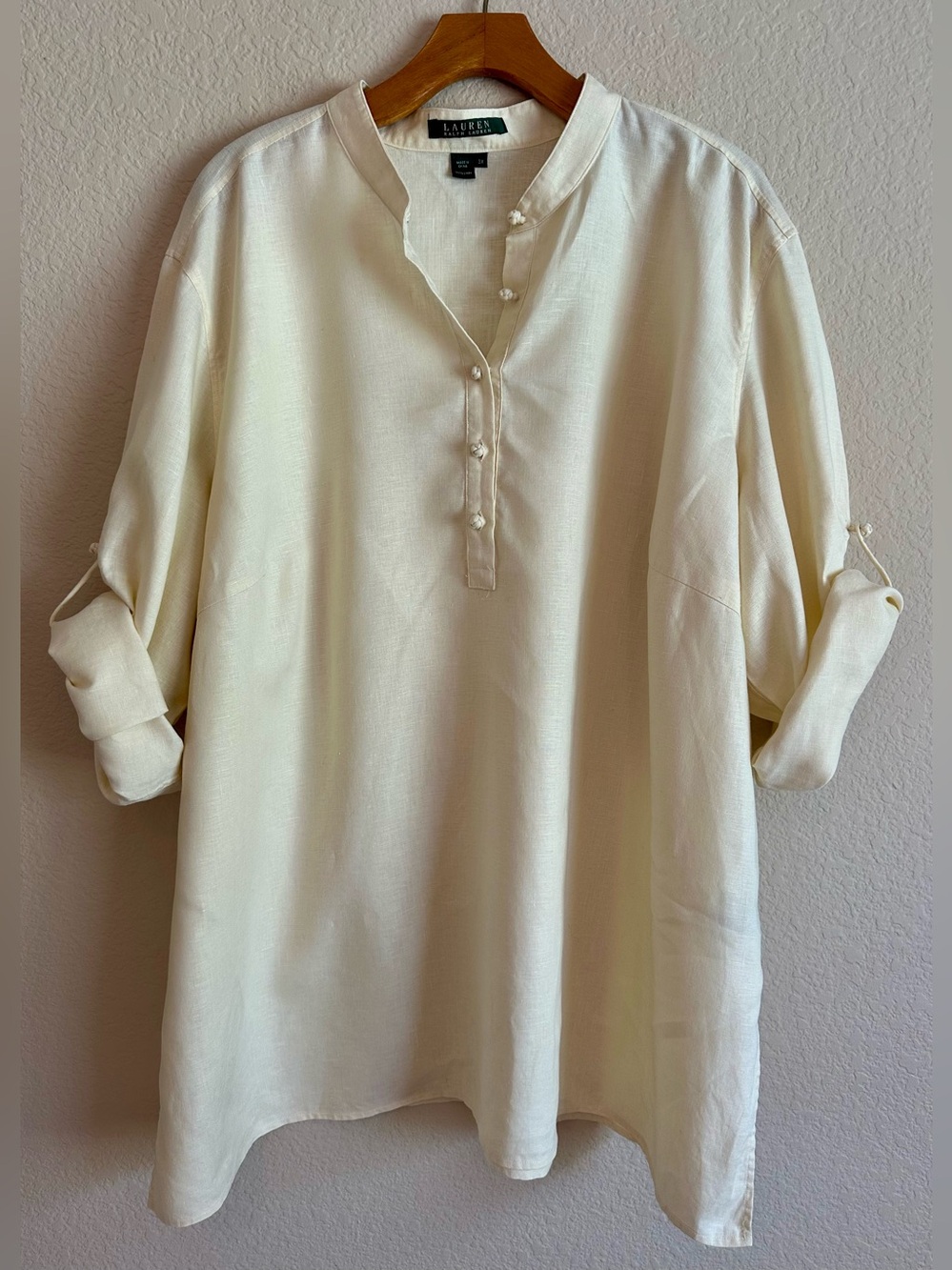 Lauren Ralph Lauren Tunic Top Ivory Linen Mandarin Collar Roll Tab Sleeves 3XL